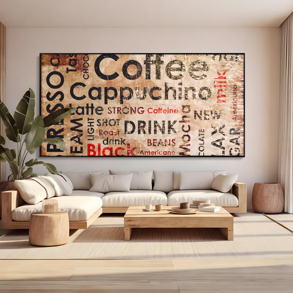 Tablou canvas cu tablou canvas tipografie cafea, in rama de aluminiu negru, pe perete intr-un living